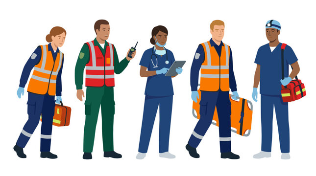 In an emergency response setting, various paramedics and first responders are at work including medics and rescuers standing together as a team