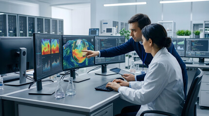 Naklejka premium Scientists analyzing brain scans on monitors in a modern laboratory.
