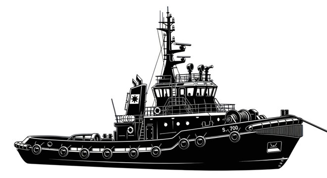 Tugboat illustration, maritime vessel, industrial ship, marine transport, black and white drawing