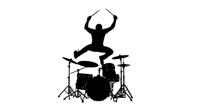 Drummer Silhouette Jumping Joyfully Above Drum Kit