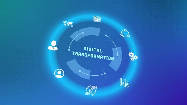 Corporate digital transformation concept showing evolution from legacy systems to advanced smart automated platforms.
