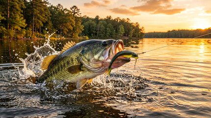 Fototapeta premium Large mouth bass jumping out of water on fishing line at sunset