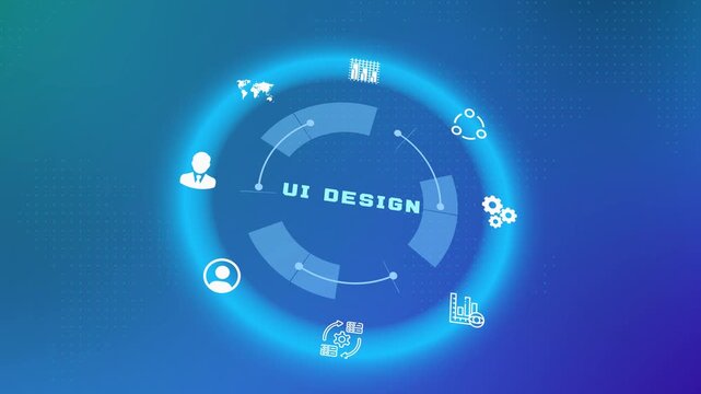 Modern user interface UI design layout featuring circular dashboard elements and interactive software navigation symbols.