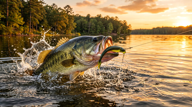 Large mouth bass jumping out of water on fishing line at sunset