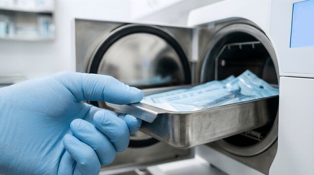 Medical professional in blue gloves placing a tray of surgical instruments into an autoclave for sterilization in a dental or medical clinic facility
