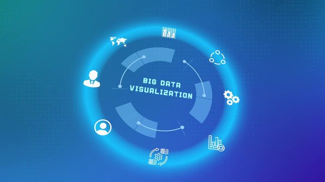 Big data visualization background with massive info stream graphics and circular data analysis diagrams.
