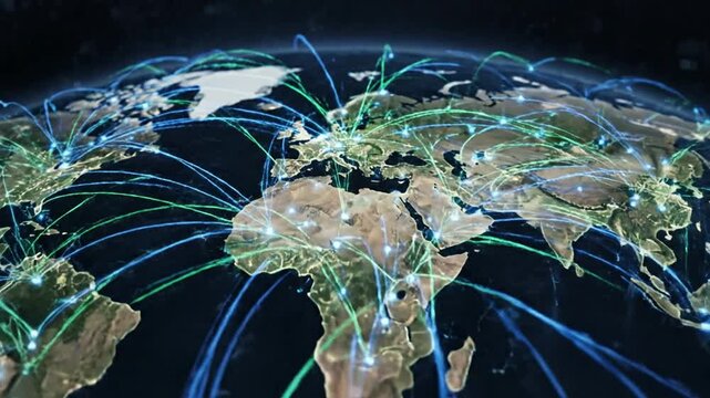 Global network connections data visualization with world map and lines