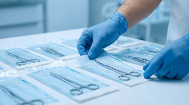 Hands in blue medical gloves organizing sterile surgical instruments and scissors in packaging for surgery in a modern hospital clinic setting