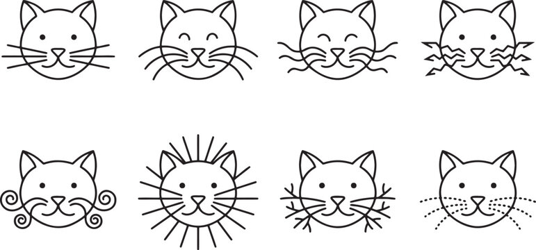 Cute cat face icons with various whiskers and fur patterns