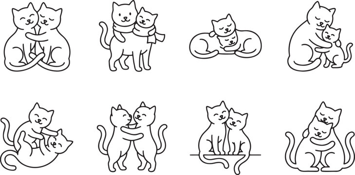 Loving pairs of cats hugging and cuddling together