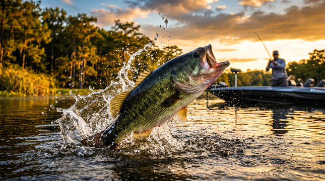 Largemouth bass leaping from water during sunset fishing trip