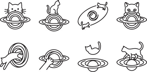 Space galaxy cats sitting on planets and Saturn rings icons © HM