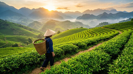 Fototapeta premium A farmer carries a basket of tea leaves along lush terraced hills, bathed in golden sunlight, showcasing breathtaking mountain scenery.