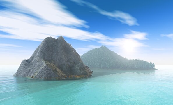 Beautiful sunset, sea sunset, island at sunset, rock in the water, sun over island, 3D rendering