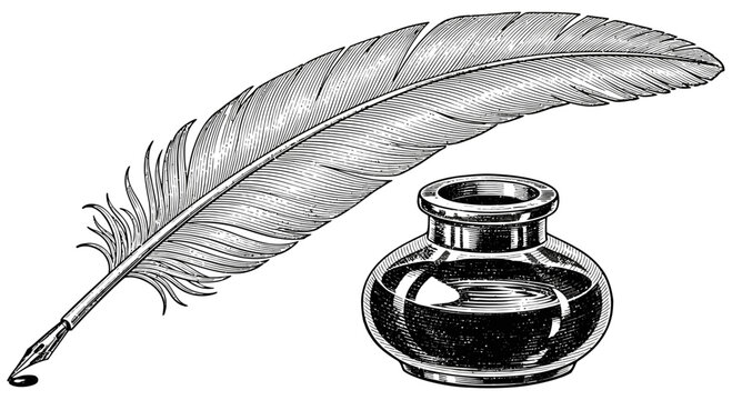 Vintage quill pen and inkwell for writing and drawing