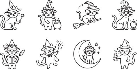 Obraz premium Spooky witch cats with wizard hats and magic cauldrons