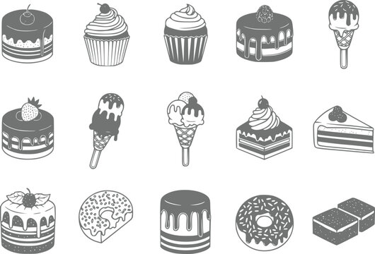 A collection of monochrome featuring various desserts including cakes, cupcakes, ice cream cones, and donuts arranged in a grid pattern on a white background