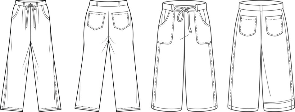 Wide leg trousers with drawstring waist and back patch pockets cad drawing flat vector illustration technical sketch