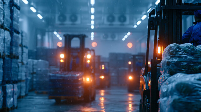 A vast refrigerated warehouse interior with uniformed workers in thermal jackets moving pallets of fresh produce on forklifts, condensation visible in freezing air, temperature gauges glowing on wal