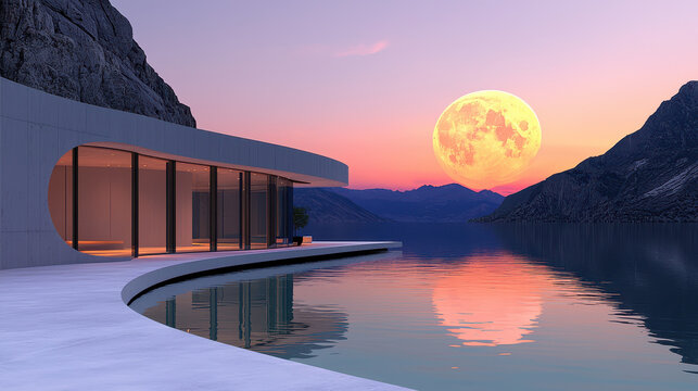 Modern architectural design with serene water view and full moon at sunset creates tranquil atmosphere
