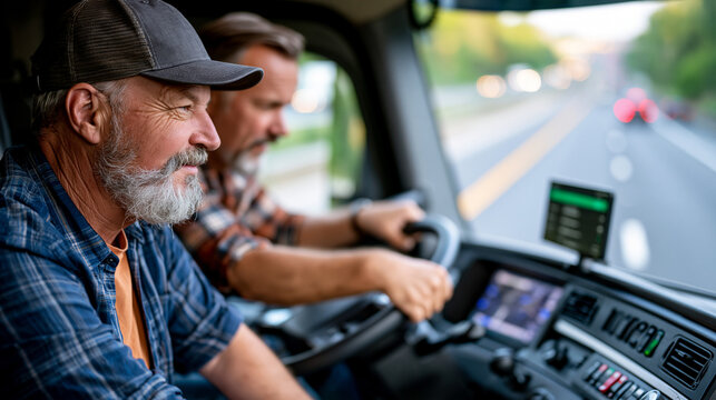 A veteran long-haul truck driver and his co-driver review a digital route planning app mounted in the cab, interstate highway stretching ahead, summer solstice afternoon sun blazing through the wind