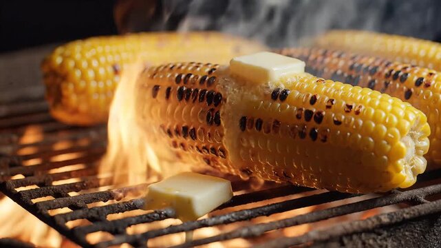 Grilled corn on the cob with melting butter close up on bbq grill