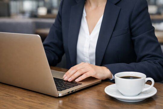 Business person working on laptop with coffee in modern workspace. Ai generative