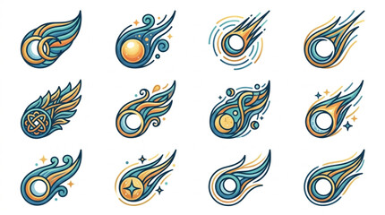 Collection of Stylized Meteorite Icons with Fiery Tails. © Iwan