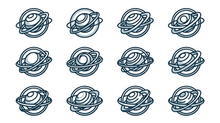 Collection of stylized planet illustrations with rings. © Iwan