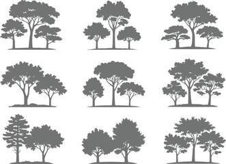 Fototapeta premium A collection of various tree silhouettes arranged in a grid, featuring diverse foliage shapes and branch structures isolated on a clean white background for projects