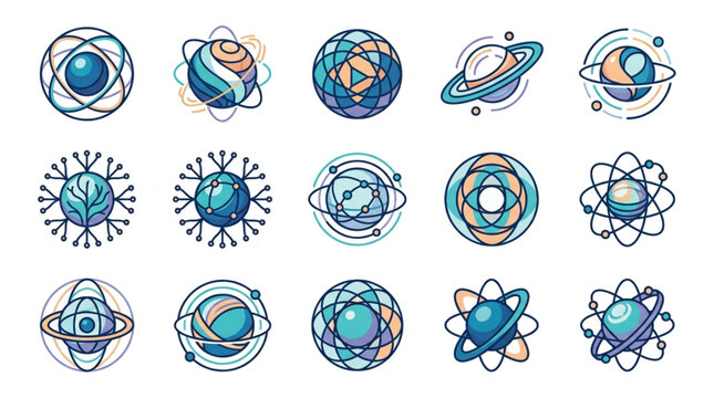 Collection of stylized planets and celestial bodies icons.