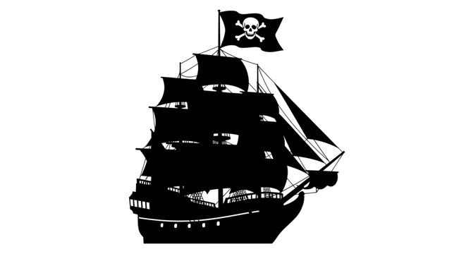 Silhouette Pirate Ship with Jolly Roger Flag