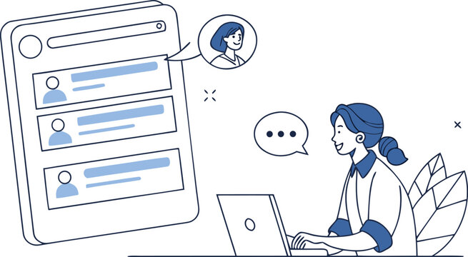 Woman using laptop with chatbot assistance illustration in flat design vector style