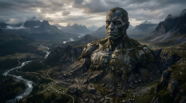 Giant stone colossus statue integrated into a majestic mountain valley landscape.