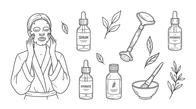 Line art vector set of beauty and skincare essentials, depicting a woman applying a facial mask, hydrating serums, a jade roller, and natural elements for a healthy routine