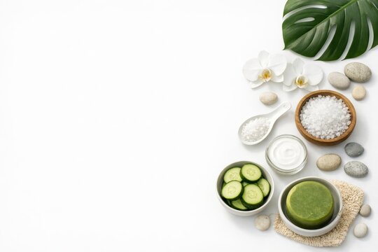 Spa retreat flat lay with natural ingredients on white background. Ai generative