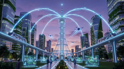 Fototapeta premium Futuristic wireless energy transfer hub in a smart city, emitting glowing blue energy beams to surrounding infrastructure, symbolizing sustainable urban power distribution