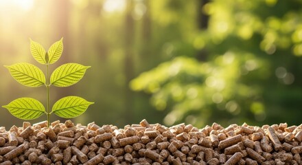Obraz premium Young green plant sprouting from wood pellets with blurred forest background in morning sunlight