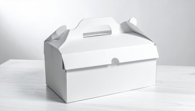 "White cardboard gable box with handle, minimal design for packaging food or gifts."