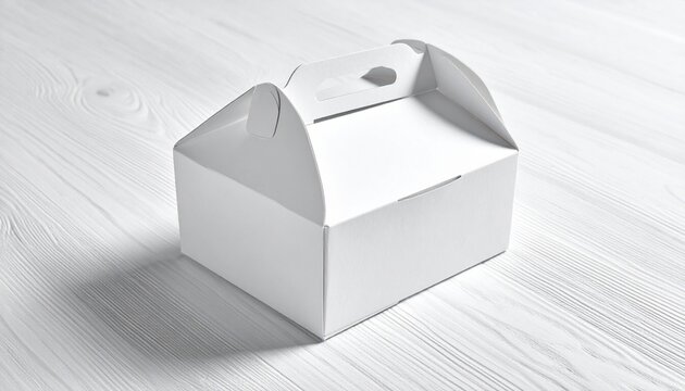 "White cardboard gable box with handle, minimal design for packaging food or gifts."