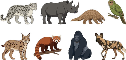 Hand Drawn Endangered Wild Animals Collection Featuring Snow Leopard Rhino Pangolin Parrot Lynx Red Panda Gorilla and African Wild Dog Vector Illustrations © MdImran