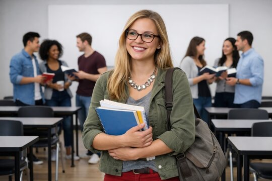 Smiling student in classroom holding books with peers in backgro