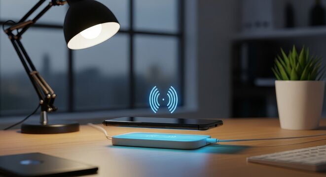Smartphone charging wirelessly on a desk with a glowing blue energy indicator near a lamp