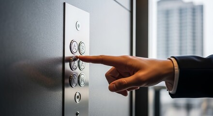 Naklejka premium Close-up of a person's finger pressing a button on a modern elevator control panel to select a floor
