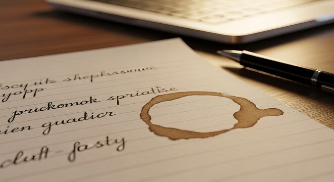 A coffee stain on a lined notebook page with a pen and laptop in the background