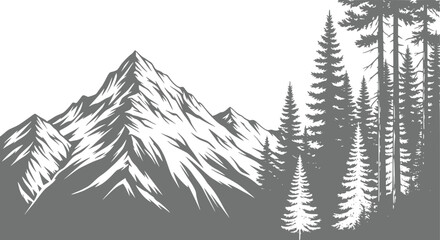 A stylized monochrome featuring mountain peaks rising behind a dense forest of pine trees, captured in a clean, minimalist style outdoor themes © Papri_stock