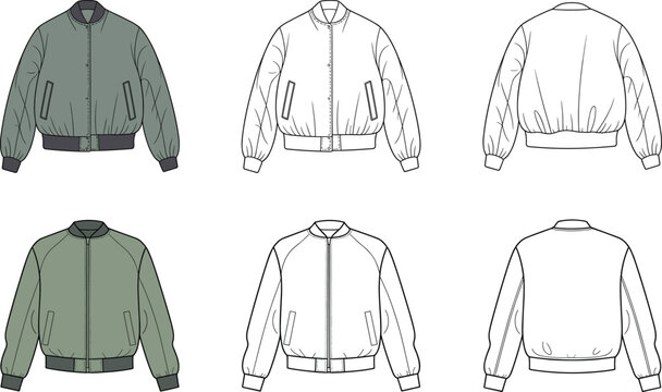 Men bomber jacket fashion technical sketch template with raglan sleeves front and back views zipper outerwear vector illustration pack