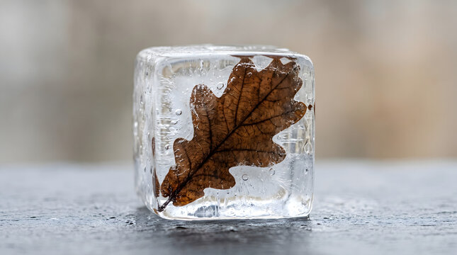 An oak leaf frozen in a clear ice cube, showcasing the beauty of nature preserved in time and cold