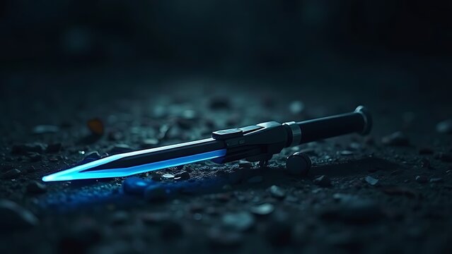 Single blue glowing weapon resting on dark ground, cinematic lighting, mysterious ambiance.