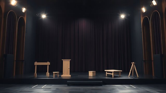 Simple wooden stage props on an empty theater floor with dramatic side lighting.